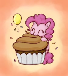 Size: 446x500 | Tagged: artist needed, source needed, safe, pinkie pie, earth pony, pony, balloon, cupcake, cute, diapinkes, eating, eyes closed, nom, puffy cheeks, smiling, solo