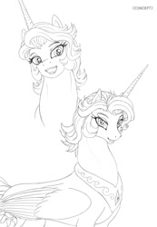 Size: 966x1400 | Tagged: safe, artist:leovictor, princess celestia, alicorn, pony, alternate hairstyle, bust, lineart, looking at you, monochrome, open mouth, portrait, short hair, smiling, solo