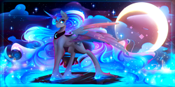 Size: 3000x1500 | Tagged: safe, artist:koveliana, princess luna, alicorn, pony, chromatic aberration, crescent moon, female, mare, moon, smiling, solo, spread wings, stars, unshorn fetlocks, updated