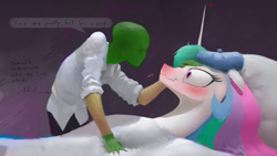 Size: 2000x1125 | Tagged: source needed, safe, artist:remi721, princess celestia, oc, oc:anon, human, pony, accidental innuendo, bed, blanket, blushing, broken glass, clothes, crush, cute, cutelestia, dialogue, embarrassed, female, fever, floppy ears, gloves, heart, human fetish, idiot, male, mare, messy mane, oblivious, oblivious comment, on back, pony sized pony, rubbing, scrunchy face, sick, thermometer, unintentional inuendo, wallpaper, wavy mouth, wide eyes