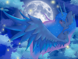 Size: 1280x960 | Tagged: safe, artist:niniibear, princess luna, alicorn, pony, blushing, cloud, cute, eyes closed, happy, horn jewelry, jewelry, moon, peaceful, solo, spread wings, wing jewelry