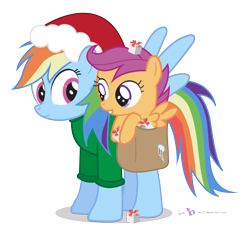 Size: 1250x1200 | Tagged: safe, artist:dm29, rainbow dash, scootaloo, pegasus, pony, clothes, duo, hat, present, saddle bag, santa hat, scootalove, simple background, sweater, transparent background