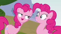 Size: 1280x720 | Tagged: safe, screencap, pinkie pie, earth pony, pony, too many pinkie pies, clone, female, lidded eyes, mare, out of context, pinkie clone