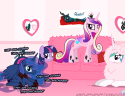 Size: 650x500 | Tagged: safe, artist:mixermike622, princess cadance, princess celestia, princess luna, queen chrysalis, twilight sparkle, twilight sparkle (alicorn), oc, oc:fluffle puff, oc:marksaline, alicorn, changeling, changeling queen, pony, accessory swap, alicorn tetrarchy, dead space, female, fluffylestia, madness mantra, majestic as fuck, mare, personality swap, role reversal, roleplaying, sad, swap, tumblr:ask fluffle puff