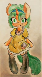 Size: 410x748 | Tagged: safe, artist:asksnugglesworthy, snails, pony, semi-anthro, unicorn, bipedal, clothes, colt, crossdressing, cute, cutie mark on clothes, dress, freckles, glitter shell, hairband, jewelry, male, necklace, stockings, thigh highs, tongue out, traditional art, weapons-grade cute, zettai ryouiki