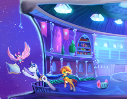 Size: 2100x1650 | Tagged: safe, artist:viwrastupr, part of a set, discord, princess flurry heart, shining armor, sunburst, pony, unicorn, backwards cutie mark, balcony, book, cloak, clothes, color porn, crib, crystal empire, father and child, father and daughter, flying, glasses, male, mouth hold, night, parent and child, pillow, pulling, scenery, smiling, spread wings, stars, trio
