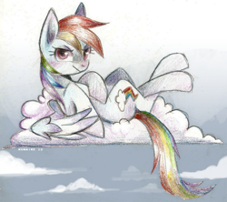 Size: 900x799 | Tagged: safe, artist:kunaike, rainbow dash, pegasus, pony, cloud, cloudy, solo