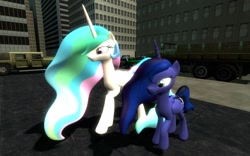 Size: 1680x1050 | Tagged: safe, artist:sonic5421, edit, princess celestia, princess luna, alicorn, pony, 3d, accessory-less edit, barracks ol, gmod, grand theft auto, gta vice city, humvee, military, missing accessory, patriot, police, police car, rhino tank, royal sisters, swat, tank (vehicle), truck