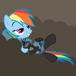 Size: 894x894 | Tagged: safe, rainbow dash, pegasus, pony, blue coat, cloud, fallout, female, mare, multicolored mane, solo