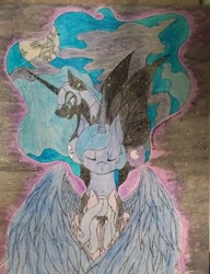 Size: 656x856 | Tagged: safe, artist:anxiouslilnerd, nightmare moon, princess luna, tantabus, alicorn, pony, mare in the moon, moon, s1 luna, traditional art, watercolor painting