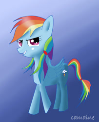 Size: 900x1108 | Tagged: safe, artist:camaine, rainbow dash, pegasus, pony, blue coat, female, mare, multicolored mane