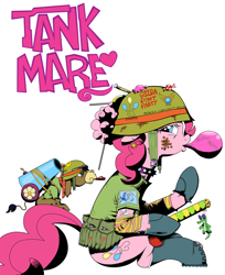 Size: 2450x3000 | Tagged: safe, artist:khorme, cranky doodle donkey, pinkie pie, donkey, earth pony, pony, crossover, parody, ponified, simple background, tank girl, white background