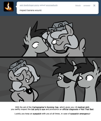 Size: 666x800 | Tagged: safe, artist:egophiliac, princess luna, oc, oc:frolicsome meadowlark, oc:sunshine smiles (egophiliac), bat pony, pony, cartographer's nursing cap, eyepatch, filly, grayscale, hat, monochrome, moonstuck, woona, woonoggles, younger