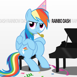 Size: 1024x1024 | Tagged: safe, artist:codefox421, rainbow dash, pegasus, pony, annoyed, bo burnham, confetti, female, hat, mare, party hat, party horn, piano, rainbow dash is not amused, reference, simple background, sitting, solo, streamers, text, unamused, white background