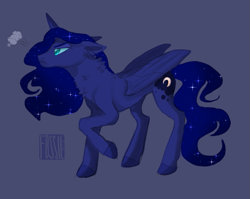 Size: 713x567 | Tagged: safe, artist:butteredpawpcorn, princess luna, alicorn, pony, chest fluff, floppy ears, grumpy, raised hoof, simple background, solo, unamused