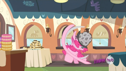 Size: 1280x720 | Tagged: safe, screencap, pinkie pie, earth pony, pony, mmmystery on the friendship express, deerstalker, female, great moments in animation, hat, hub logo, mare, smear frame, solo, wat