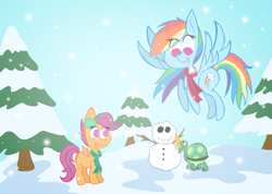 Size: 2273x1622 | Tagged: safe, artist:iguana14, rainbow dash, scootaloo, tank, pegasus, pony, clothes, earmuffs, scarf, snow, snowfall, snowman