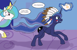 Size: 2550x1650 | Tagged: safe, artist:bico-kun, princess celestia, princess luna, alicorn, pony, 4th of july, american independence day, boston tea party, captain america, chase, galloping, headdress, independence day, magic, native american, tea, tea party, war paint