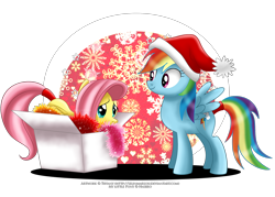 Size: 2500x1786 | Tagged: safe, artist:tiffanymarsou, fluttershy, rainbow dash, pegasus, pony, hat, santa hat