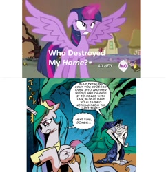 Size: 600x622 | Tagged: safe, idw, princess celestia, star swirl the bearded, twilight sparkle, twilight sparkle (alicorn), alicorn, pony, twilight's kingdom, spoiler:comic, spoiler:comic20, bad pony, comic, exploitable meme, female, floppy ears, frown, hub logo, katielestia, mare, meme, open mouth, sad, who destroyed twilight's home, wide eyes