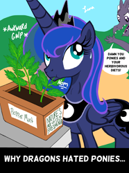 Size: 2888x3879 | Tagged: safe, artist:darkest-lunar-flower, princess luna, oc, oc:bob, alicorn, dragon, pony, duo, eating, eyelashes, eyeshadow, female, gulp, herbivore, horses doing horse things, makeup, male, mare, nervous, nom, swearing, sweat, sweatdrop, vulgar