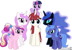 Size: 9960x7000 | Tagged: safe, artist:90sigma, nightmare moon, princess cadance, princess celestia, princess luna, twilight sparkle, twilight sparkle (alicorn), oc, oc:fausticorn, alicorn, pony, absurd resolution, filly, filly twilight sparkle, lauren faust, pink-mane celestia, simple background, teen princess cadance, transparent background, woona, younger