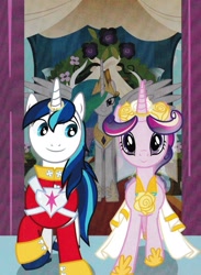 Size: 1251x1706 | Tagged: safe, princess cadance, princess celestia, shining armor, alicorn, pony, unicorn, a canterlot wedding, clothes, dress, horn ring, wedding dress