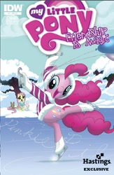 Size: 575x884 | Tagged: safe, artist:amy mebberson, idw, angel bunny, fluttershy, pinkie pie, earth pony, pegasus, pony, active stretch, backbend, comic, cover, flexible, hastings, ice skating, official, official comic