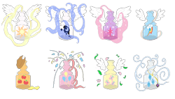 Size: 580x330 | Tagged: safe, artist:karmadash, applejack, fluttershy, pinkie pie, princess celestia, princess luna, rainbow dash, rarity, twilight sparkle, twilight sparkle (alicorn), alicorn, unicorn, bottle, cutie mark, elixir, female, magic, mare, no pony, pixel art, wings