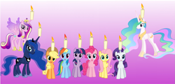 Size: 1497x716 | Tagged: safe, applejack, fluttershy, pinkie pie, princess cadance, princess celestia, princess luna, rainbow dash, rarity, twilight sparkle, twilight sparkle (alicorn), alicorn, earth pony, pegasus, pony, unicorn, candle, female, hanukkah, line-up, mane six, mare, menorah, simple background