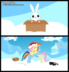 Size: 1500x1575 | Tagged: safe, artist:foxy-noxy, angel bunny, fluttershy, rainbow dash, pegasus, pony, comic, filly, hat, heartwarming, hug, santa hat, sunglasses