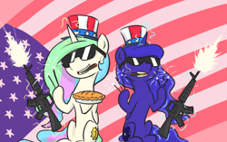 Size: 1130x711 | Tagged: safe, artist:poptart36, princess celestia, princess luna, alicorn, pony, cigar, gun, hat, levitation, m16, magic, murica, pie, sparkler (firework), sunglasses, united states