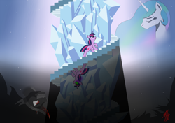 Size: 5000x3510 | Tagged: safe, artist:franklord, king sombra, princess celestia, twilight sparkle, alicorn, pony, unicorn, corrupted, crystal empire, stairs