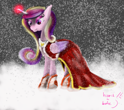 Size: 1024x909 | Tagged: safe, artist:hippik, princess cadance, alicorn, pony, boots, cape, clothes, magic, snow, snowfall, solo, winter