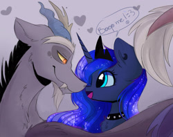 Size: 3600x2845 | Tagged: safe, artist:elementalokami, discord, princess luna, alicorn, pony, cute, lunabetes, lunacord, male, shipping, straight