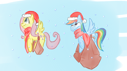 Size: 680x380 | Tagged: safe, artist:martinhello, fluttershy, rainbow dash, pegasus, pony, clothes, hat, santa hat, scarf