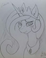 Size: 1005x1280 | Tagged: safe, artist:swordkirby, princess celestia, alicorn, pony, grayscale, monochrome, solo