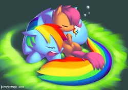 Size: 1540x1084 | Tagged: dead source, safe, artist:eosphorite, rainbow dash, scootaloo, pegasus, pony, cute, cutealoo, duo, scootalove, sleeping