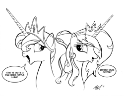 Size: 1600x1241 | Tagged: safe, artist:boxedsurprise, princess celestia, princess luna, alicorn, pony, alternate hairstyle, head, lineart, mane swap, monochrome