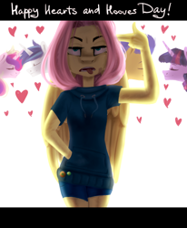 Size: 1278x1550 | Tagged: safe, artist:kyra--chan, artist:sunrisepld, flash sentry, fluttershy, princess cadance, shining armor, twilight sparkle, twilight sparkle (alicorn), alicorn, anthro, bandaid, clothes, disgusted, female, finger gun, flashlight, hearts and hooves day, hoodie, male, shiningcadance, shipping, straight, tongue out