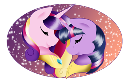 Size: 1200x800 | Tagged: safe, artist:flashbrush, princess cadance, twilight sparkle, twilight sparkle (alicorn), alicorn, pony, eyes closed, female, mare, smiling