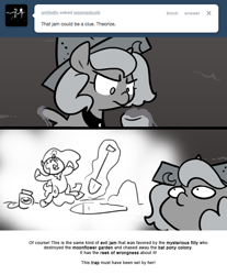 Size: 666x803 | Tagged: safe, artist:egophiliac, nightmare moon, princess luna, alicorn, pony, cartographer's cap, dark woona, filly, food, grayscale, hat, jam, monochrome, moonstuck, nightmare woon, shovel, woona, woonoggles, younger