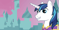 Size: 900x467 | Tagged: safe, shining armor, pony, unicorn, canterlot, grin, official, smiling, solo