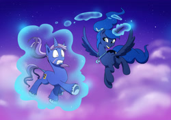 Size: 5014x3507 | Tagged: safe, artist:doublewbrothers, princess luna, oc, oc:azure night, alicorn, pony, unicorn, alternate hairstyle, azuna, canon x oc, curved horn, cute, flying, laughing, levitation, lunabetes, magic, ponytail, scared, shipping, spread wings, telekinesis, tongue out