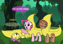 Size: 1000x699 | Tagged: safe, artist:professor-ponyarity, fluttershy, pinkie pie, oc, earth pony, pegasus, pony, banana, banana suit, costume