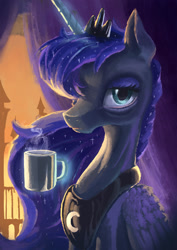 Size: 1240x1754 | Tagged: safe, artist:plainoasis, princess luna, alicorn, pony, bust, coffee mug, frown, lidded eyes, magic, portrait, sleepy, solo, telekinesis