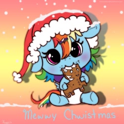 Size: 1000x1000 | Tagged: dead source, safe, artist:hinoraito, rainbow dash, pegasus, pony, abstract background, baby, baby dash, baby pony, christmas, cookie, cute, dashabetes, diaper, female, filly, foal, gingerbread (food), gingerbread pony, hat, holiday, mare, nom, santa hat, solo