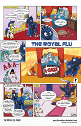 Size: 1280x1978 | Tagged: safe, artist:pony-berserker, kibitz, princess celestia, princess luna, tiberius, alicorn, pony, comic:the royal flu, bed, comic, hilarious in hindsight, i can't believe it's not idw, magic, royal guard, sick, sneezing, throne, tissue, tissue box