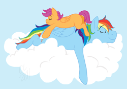 Size: 1394x970 | Tagged: safe, artist:cartoonlion, rainbow dash, scootaloo, pegasus, pony, cloud, eyes closed, female, filly, lying down, lying on a cloud, mare, prone, simple background, sky, sleeping