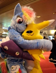 Size: 900x1173 | Tagged: safe, artist:vampire--kitteh, rainbow dash, cosplay, digimon, duo, fursuit, hug, irl, photo, renamon